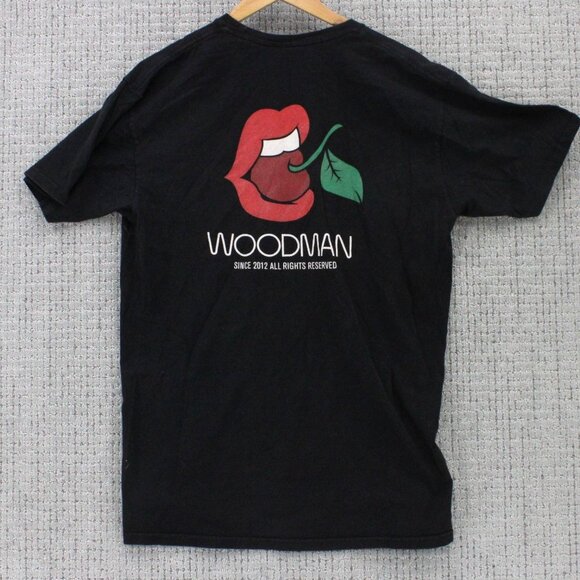 Woodman Shirt Mens Large L Black Short Sleeve Cherry Mouth Graphic Art Retro - Picture 1 of 9